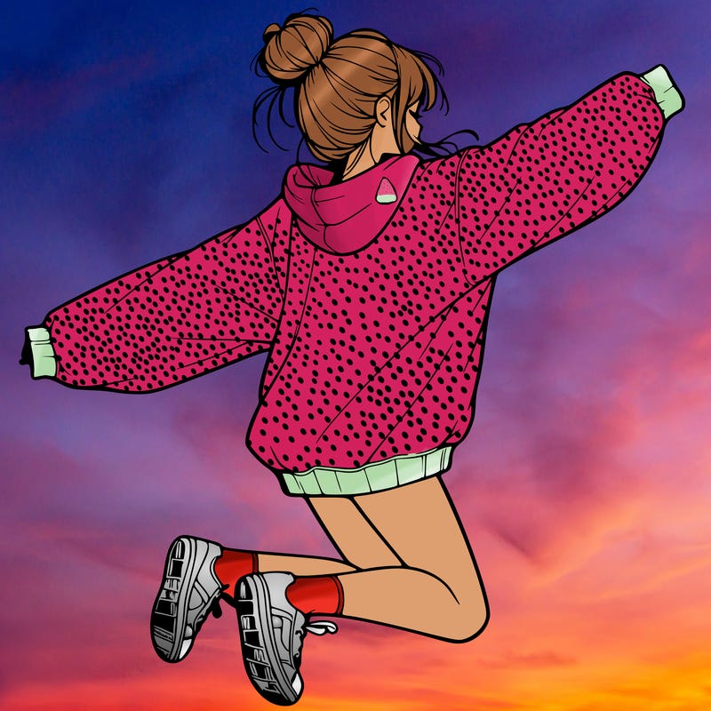realistic girl jumping with a bun and oversized sweatshirt