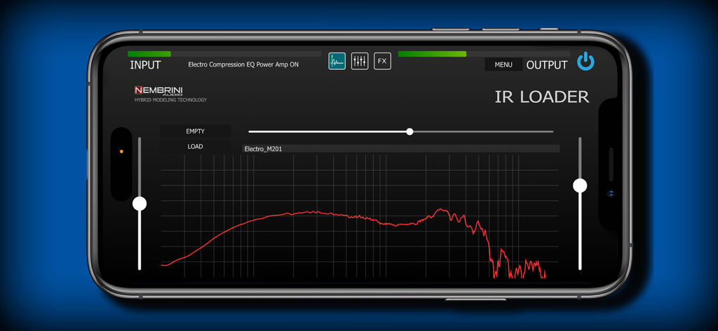 IR Loader - Interfaz de la aplicación móvil Nembrini Audio IR Loader que muestra el gráfico de respuesta de frecuencia