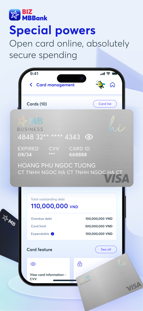 Pantalla de la aplicación BIZ MBBank 2.0 que muestra la gestión de tarjetas Visa empresariales y las funciones de apertura de tarjetas en línea.