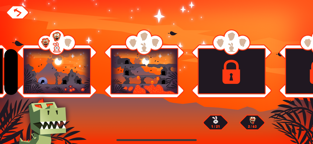 Tiny Prehistoric Adventure - Tela de seleção de nível de Tiny Prehistoric Adventure mostrando fases de quebra-cabeças pré-históricos e um dinossauro em estilo cartoon.