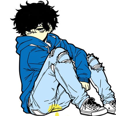 a male hoddie ripped jeans messy hair anime