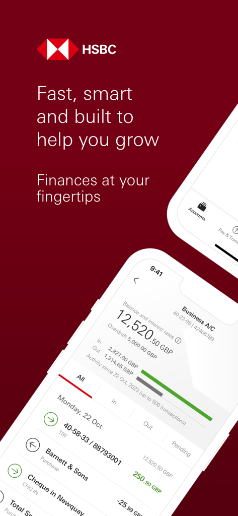 HSBC UK Business Banking - Aplicación HSBC UK Business Banking que muestra el saldo de la cuenta y las transacciones recientes en un smartphone