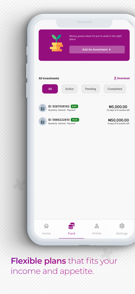 Kiakia P2P - Kiakia P2P app interface showing the investment dashboard with active fund balances and interest rates in Naira