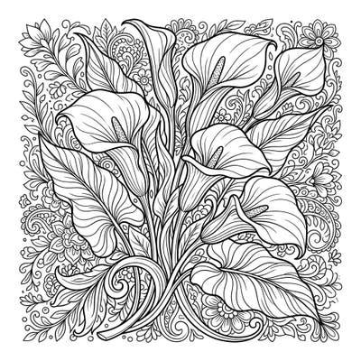 Discover a stunning coloring page featuring graceful calla lilies surrounded by intricate floral designs, perfect for teens. Unleash your artistic flair and bring this detailed botanical masterpiece to life with your favorite colors.