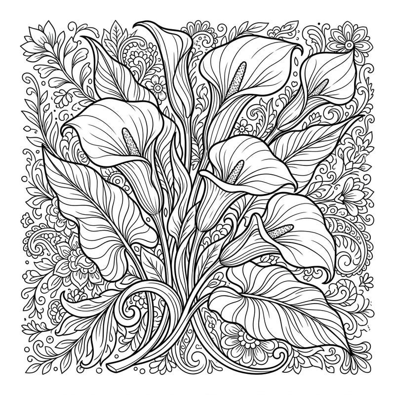 Discover a stunning coloring page featuring graceful calla lilies surrounded by intricate floral designs, perfect for teens. Unleash your artistic flair and bring this detailed botanical masterpiece to life with your favorite colors.