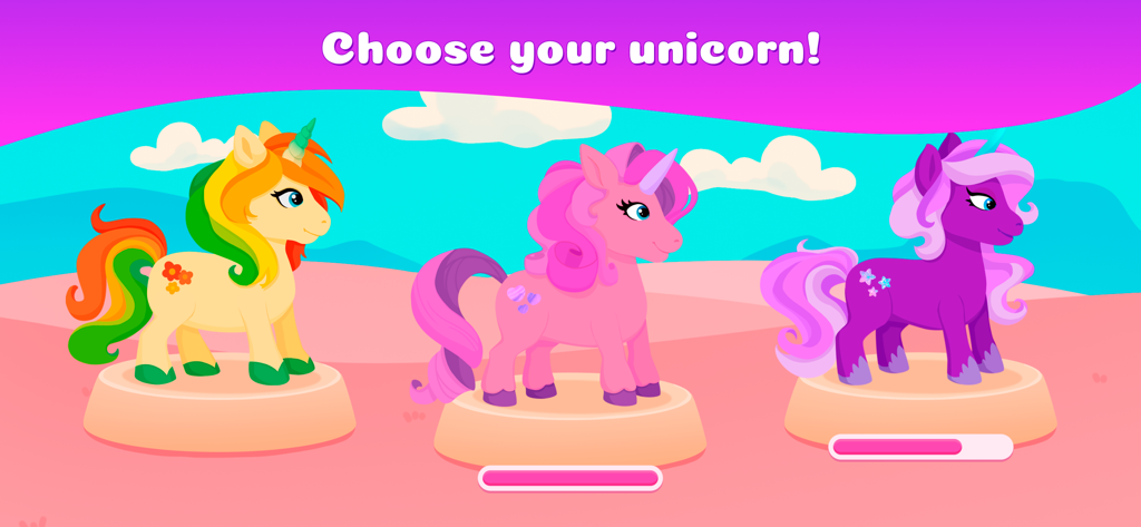 Unicorn Run Kids Games 0+ - Character selection screen showing three colorful unicorns for players to choose from