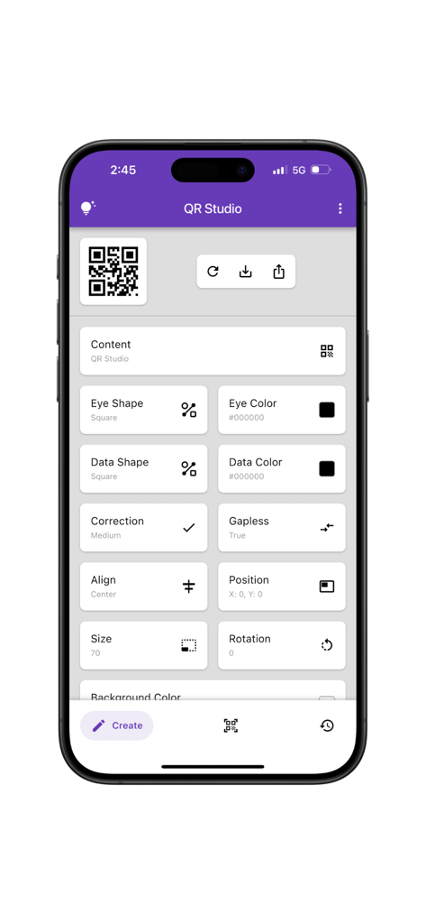 A mobile interface for the QR Studio Pro app showing various QR code customization options like eye shape, data color, and alignment settings.