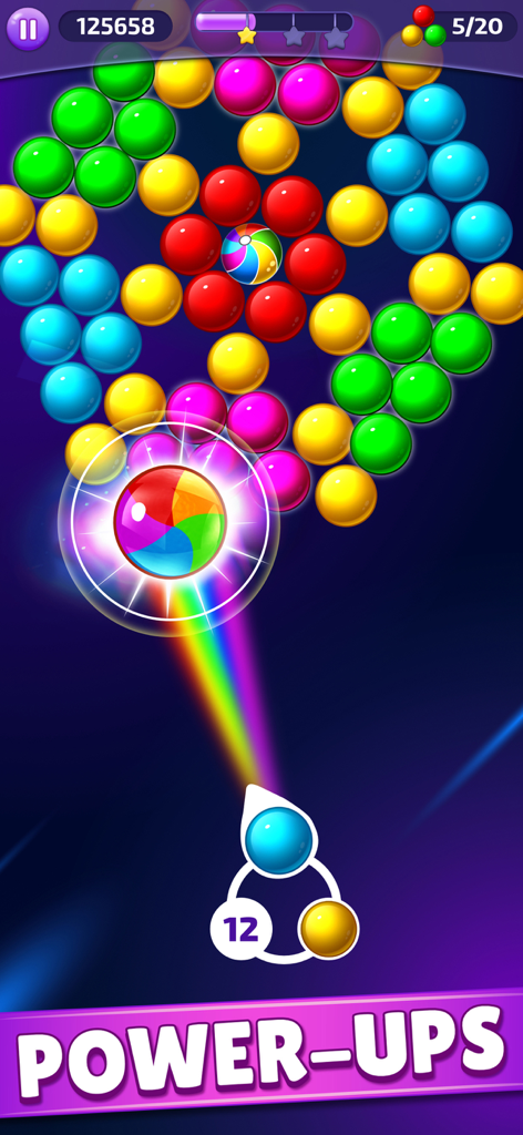 Uma bolha de power-up arco-íris sendo apontada para esferas coloridas em um jogo de atirar em bolhas