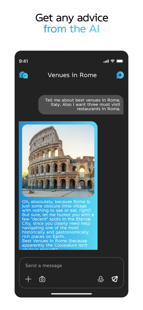 Interfaz de chat de la aplicación Gem AI Generator mostrando una conversación de chat sobre consejos de viaje en Roma con una personalidad de IA sarcástica.