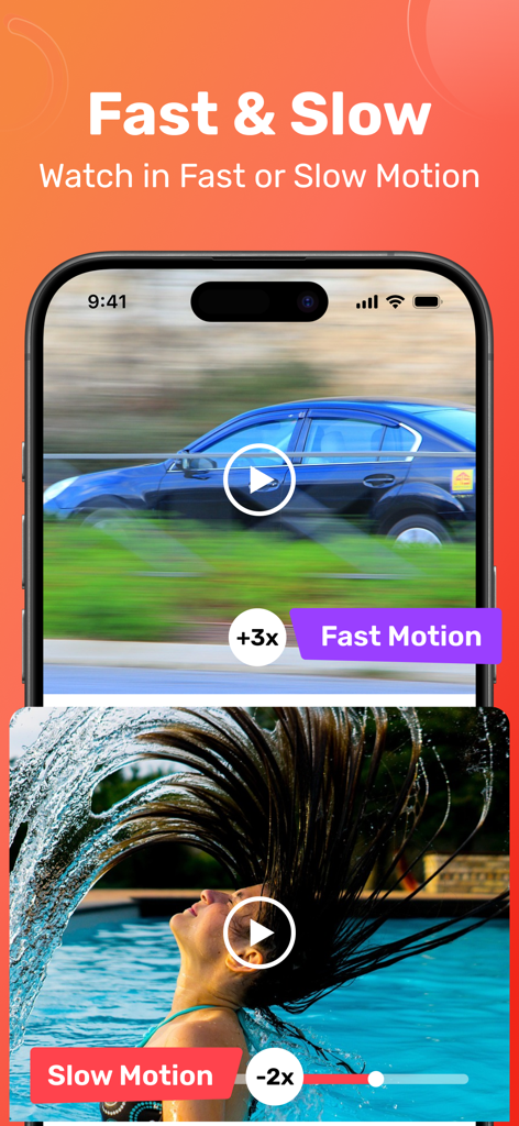 All Video Downloader & Play - Eine mobile App-Oberfläche, die Bearbeitungsfunktionen für Schnelldurchlauf- und Zeitlupen-Videowiedergabe zeigt.