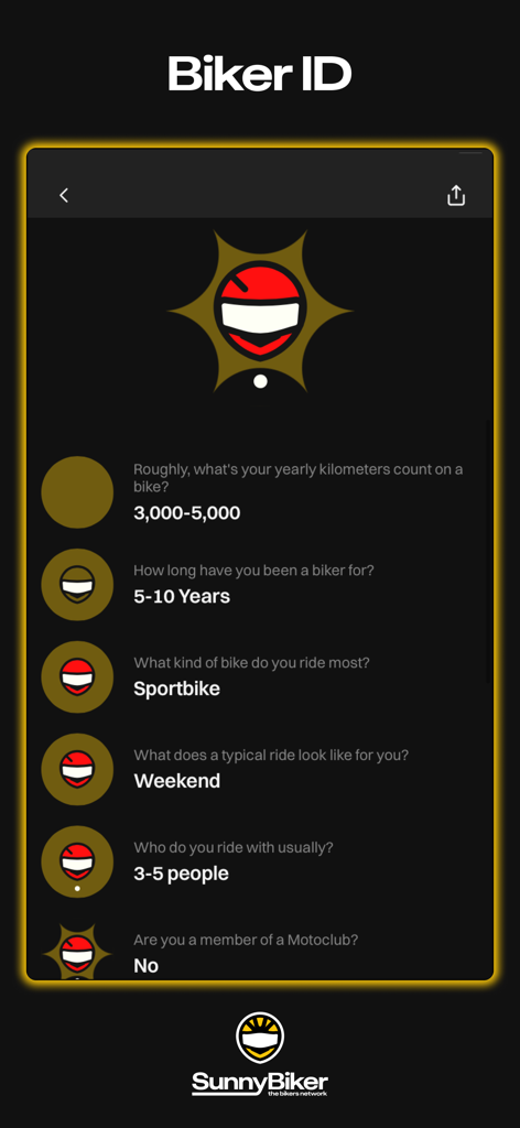 SunnyBiker - GPS + weather - Biker ID profile page in the SunnyBiker app showing motorcycle rider preferences and riding statistics