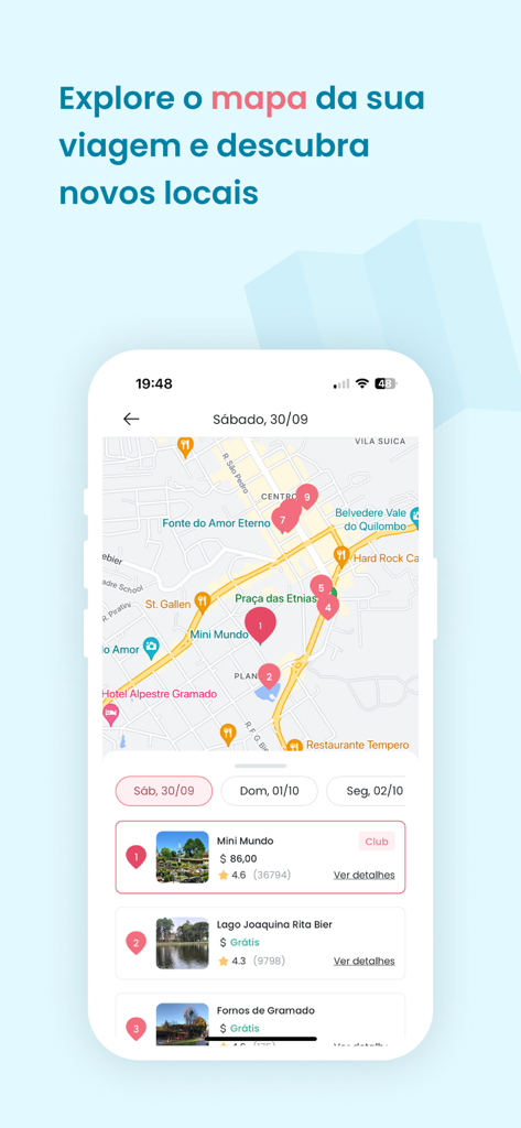 Roterin - Captura de pantalla de la aplicación Roterin que muestra un mapa de itinerario de viaje con ubicaciones marcadas y detalles de atracciones