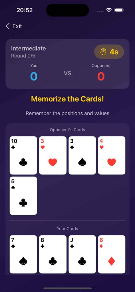 Captura de pantalla del juego de CardRecallSolo que muestra la fase de memorización de cartas en dificultad intermedia con un tema oscuro