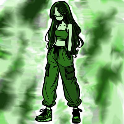 girl in baggy pants crop top and long hair