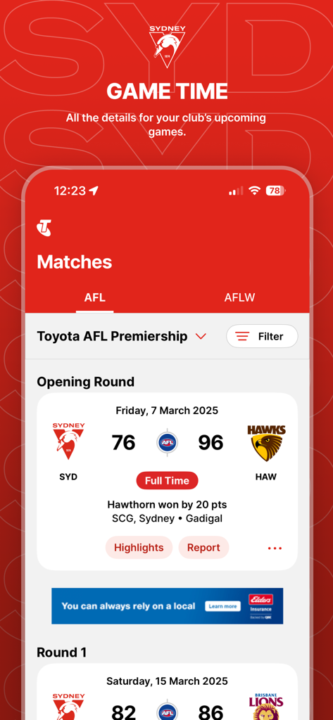 Sydney Swans Official App - Sydney Swans Official App showing AFL match scores and game results