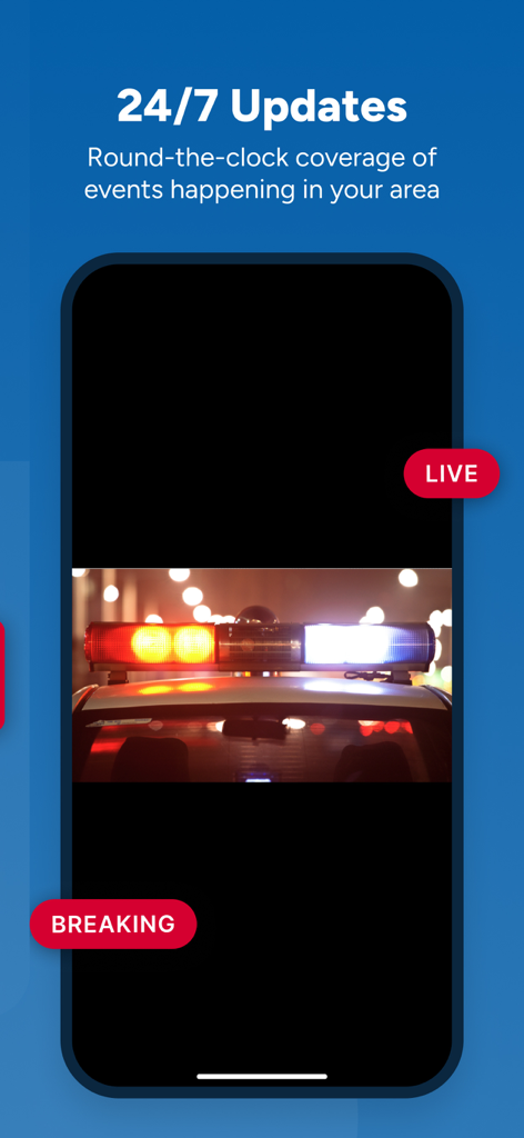 Screenshot of the Tyler News from CBS19 app showing 24/7 breaking news updates and live local event coverage