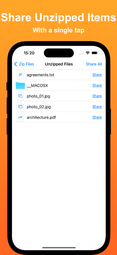 Unzipper: Zip and Unzip files - Interface de l'application Unzipper montrant une liste de fichiers extraits prêts à être partagés