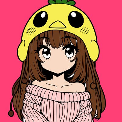 anime girl with chick shaped hat with sweater with bare shoulders with bangs covering them one eye with low tail