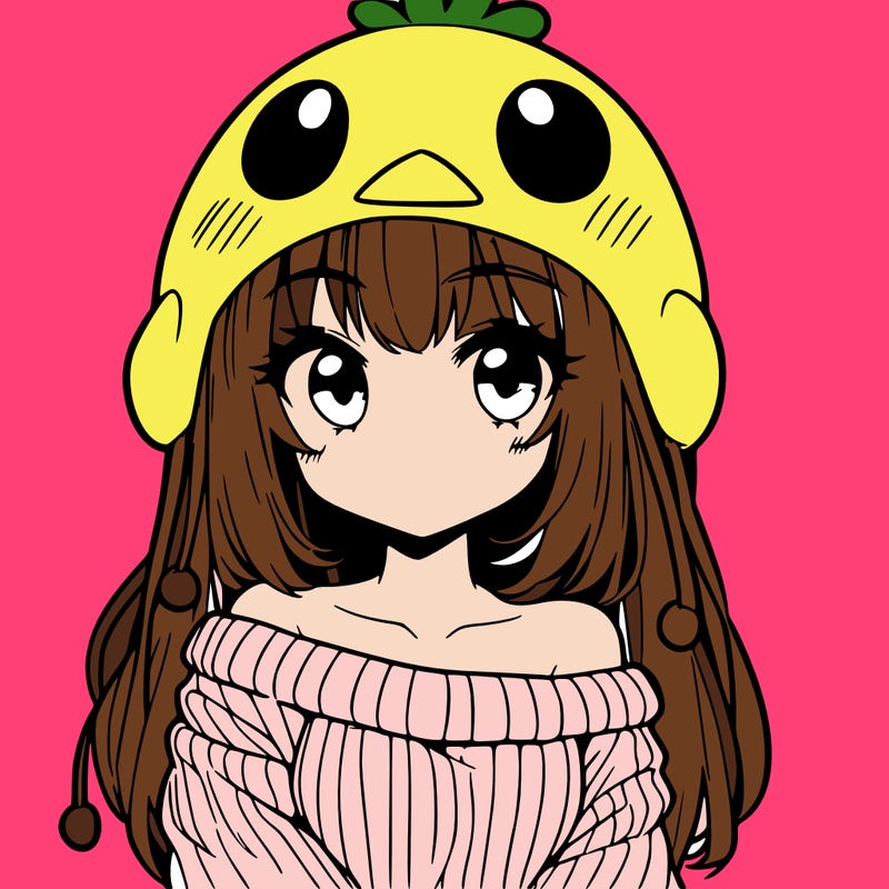 anime girl with chick shaped hat with sweater with bare shoulders with bangs covering them one eye with low tail