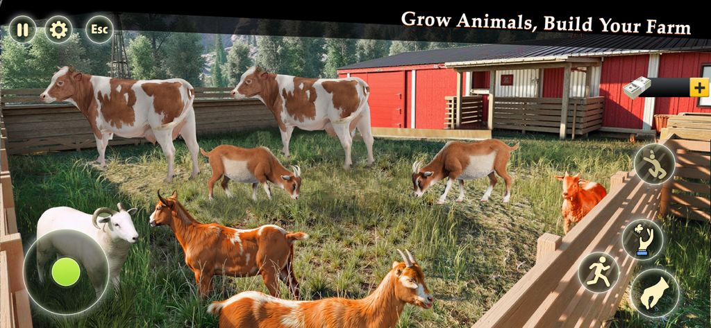 Ranch Farm Store Animal Sim 25 - Vacas y cabras pastando en un recinto de rancho cercado con un granero rojo al fondo.