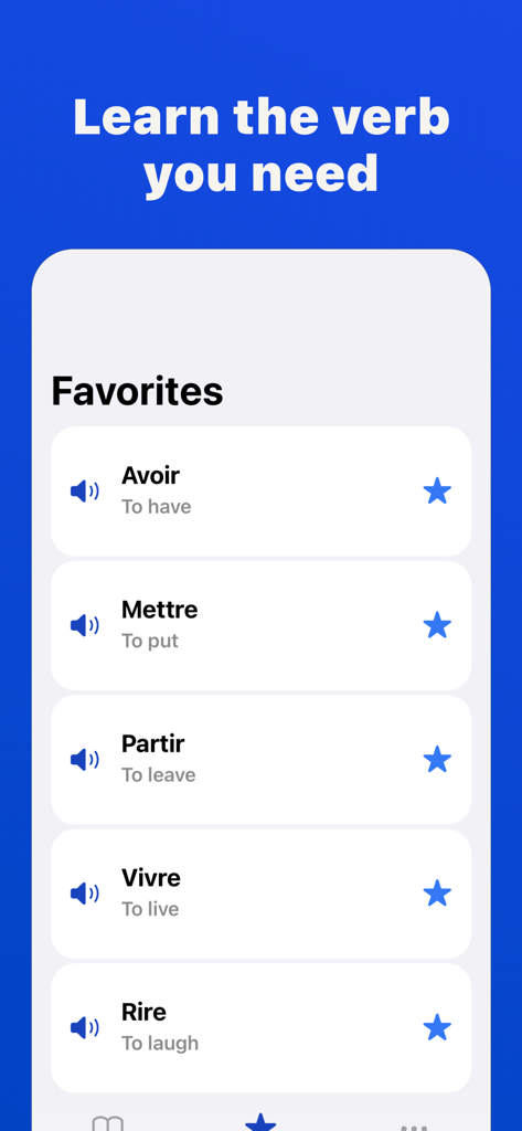 Interfaz de la aplicación French Verbs Conjugation mostrando una lista de verbos favoritos con traducciones al inglés e iconos de audio