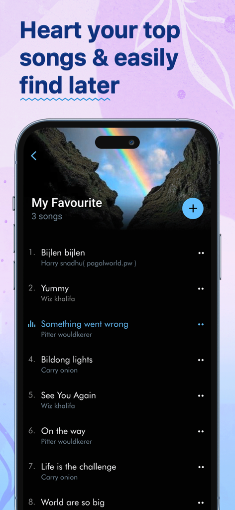 Music Player: Play Music - Pantalla de smartphone que muestra la lista de reproducción de favoritos en la aplicación Music Player con una lista de canciones y artistas.
