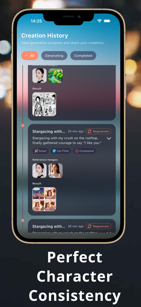 Catoon: AI Webtoon Comic Maker - The Creation History screen of the Catoon app demonstrating perfect character consistency in AI generated webtoon panels.