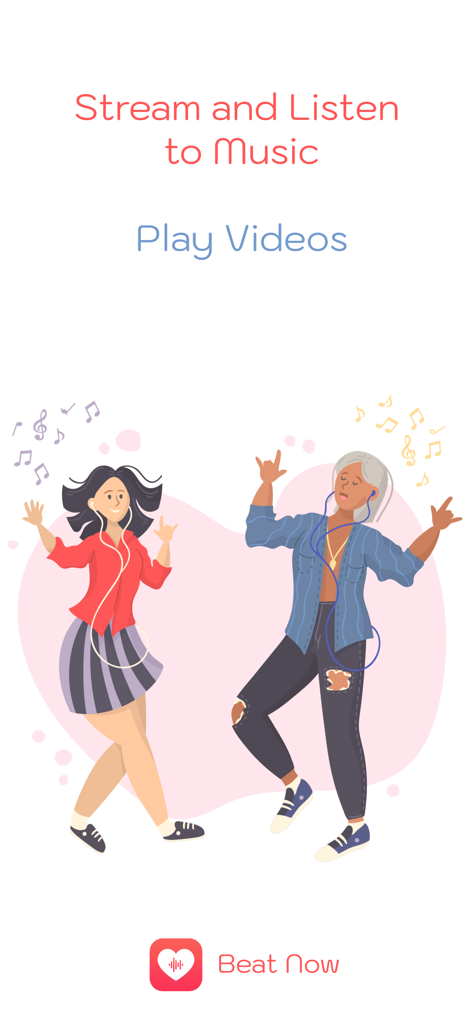 Two people dancing while listening to music with headphones in the BeatNow streaming app