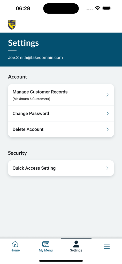 CDFW License app settings screen with account and security options
