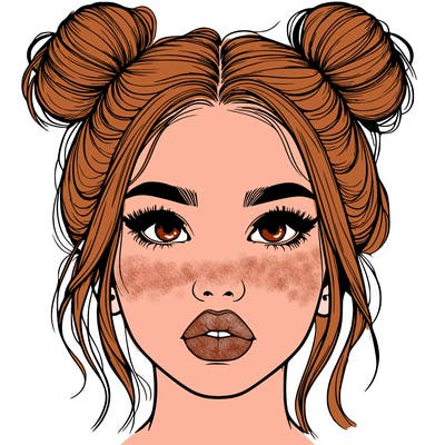 realistic girl with two buns on her hair and lips