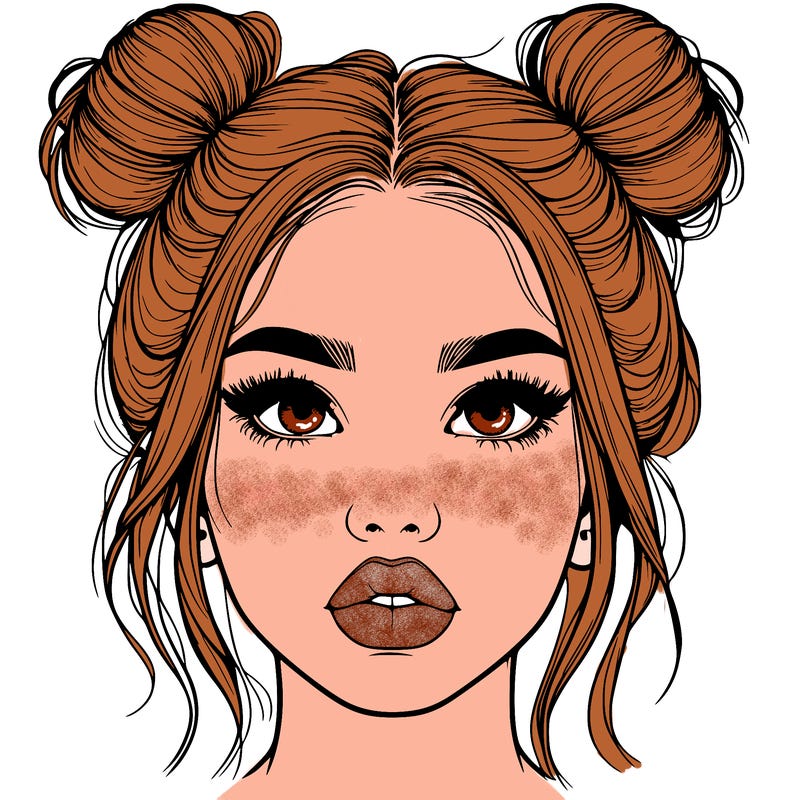 realistic girl with two buns on her hair and lips