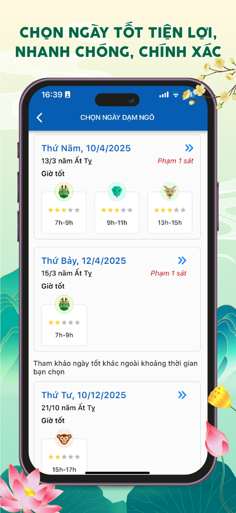 Lich Van Nien app screen displaying a list of auspicious dates and lucky hours for traditional ceremonies