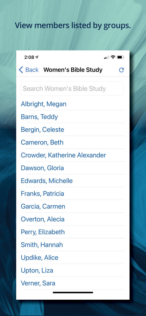 Instant Church Directory app showing a list of members in a Womens Bible Study group