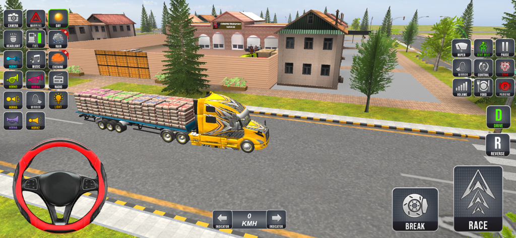 US Cargo Truck Driving 3D Game - Camión de carga amarillo conduciendo por una ciudad en el juego de simulación US Cargo Truck Driving 3D
