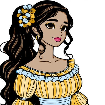 a single latina woman with a side ponytail and a long dress with ruffles. she has a few discreet flowers in her hair. realistic