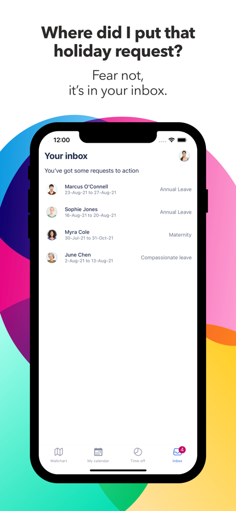 Timetastic - Timetastic app inbox displaying staff leave and holiday requests for approval