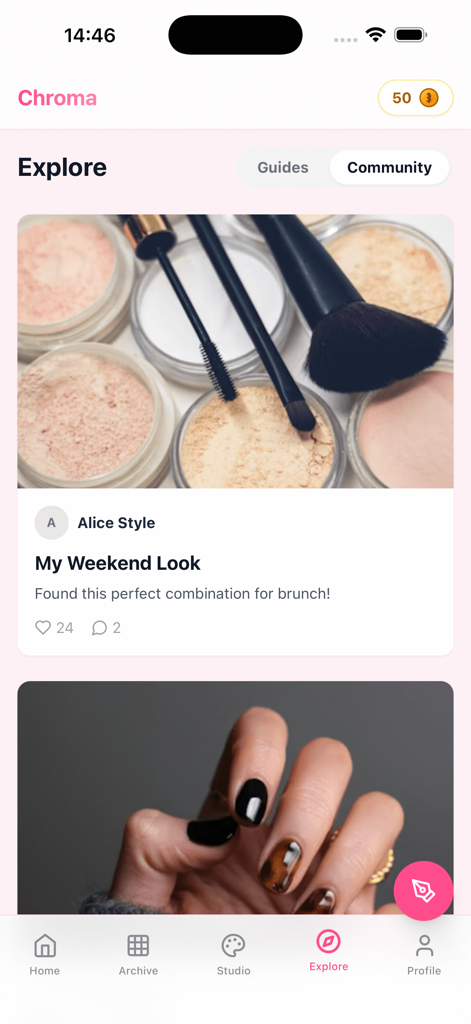 Hanabi~ - A screenshot of the Hanabi app showing the Explore tab with community posts featuring makeup products and nail art styles