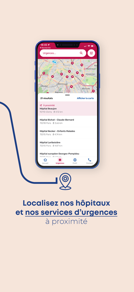 Smartphone screen showing the Mon AP-HP app map interface with nearby hospitals and emergency services in Paris.