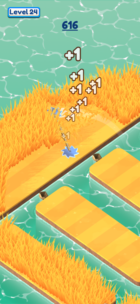 Gameplay screenshot of Grass Cut app showing a blade trimming orange grass on islands surrounded by water