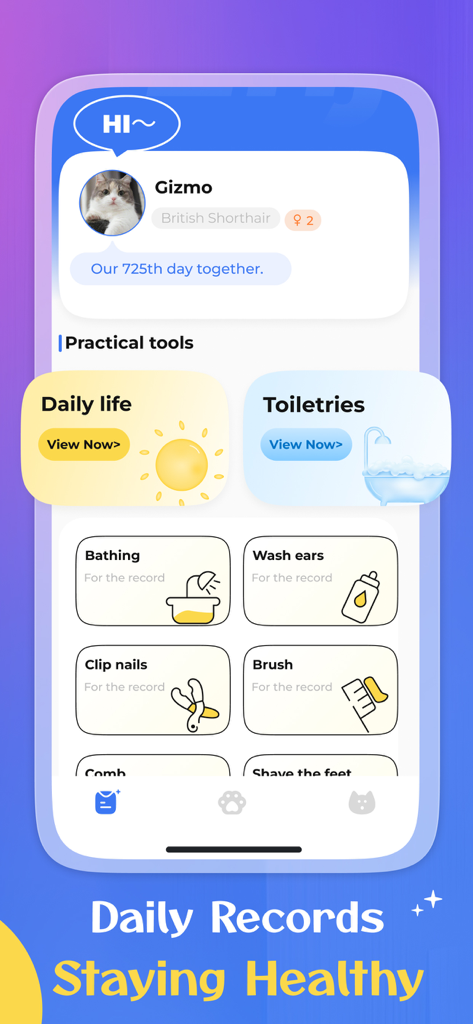 PairMate: Make aligned friends - PairMate mobile app interface showing pet grooming and hygiene tracking tools for a cat named Gizmo