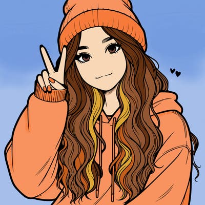 a teenage girl in a beanie, oversized sweatshirt, wavy long hair, and is showing a ✌️