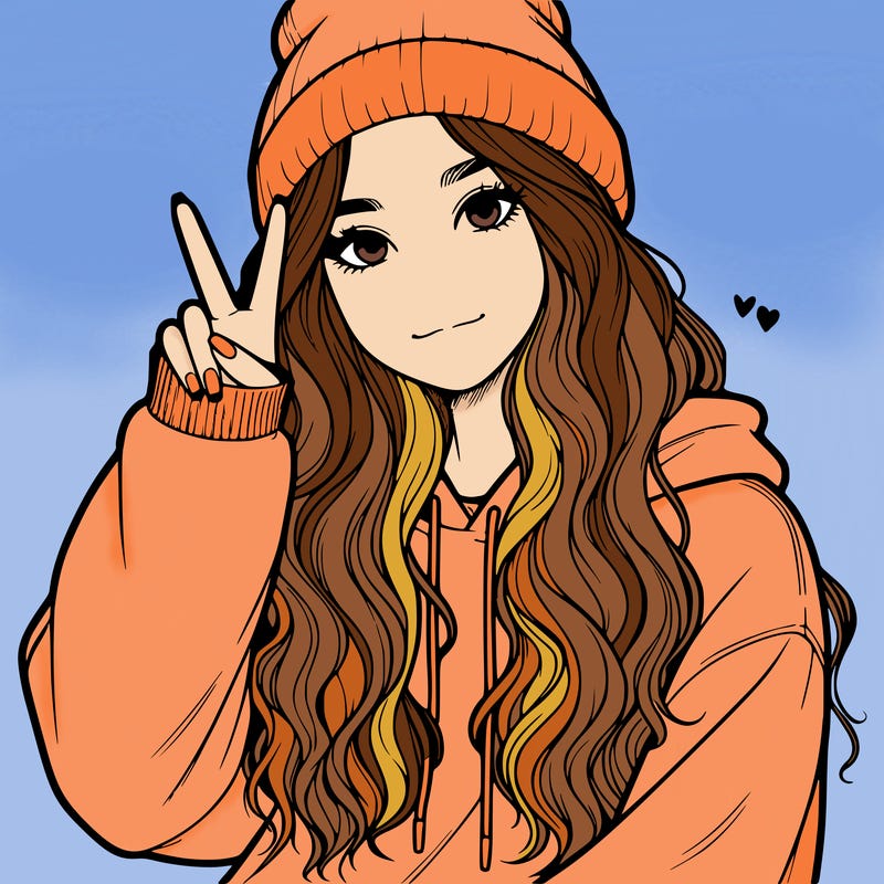 a teenage girl in a beanie, oversized sweatshirt, wavy long hair, and is showing a ✌️