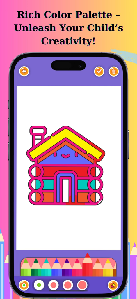 Draw & Color - Creative Art - A colorful house coloring page in the Draw and Color app showing a variety of color options for kids