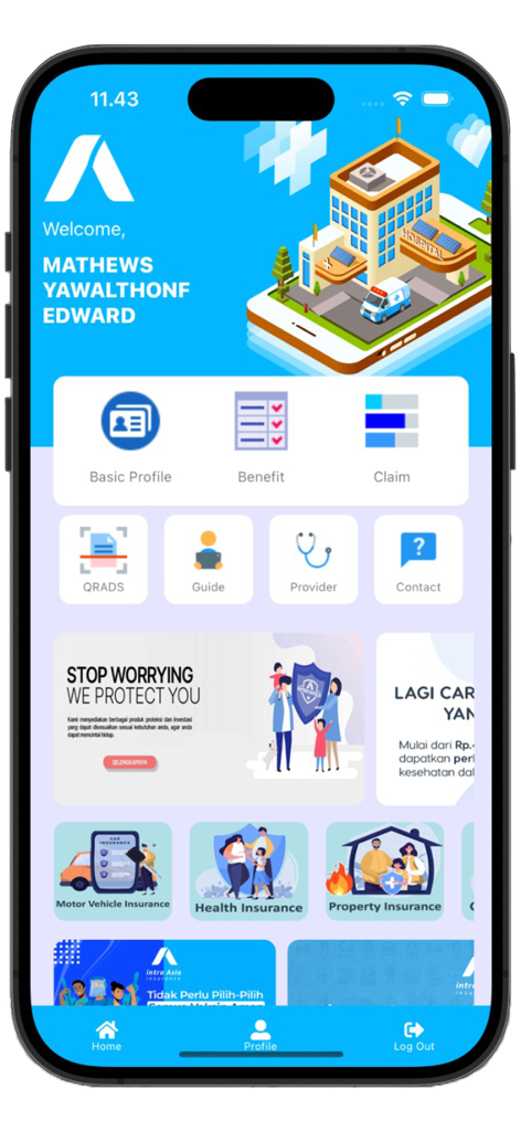 Intra Asia Health - Tela inicial do aplicativo Intra Asia Health exibindo detalhes da apólice do usuário e serviços de seguro