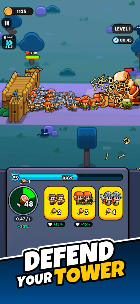 Tiny Warriors Rush - Idle TD - Gameplay of Tiny Warriors Rush showing tiny knights and archers defending a wooden tower against a giant skeletal boss