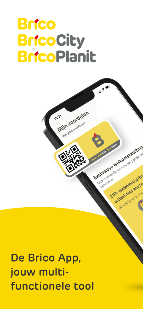 Smartphone che mostra la tessera fedeltà digitale di Brico App con codice QR e sconti di benvenuto
