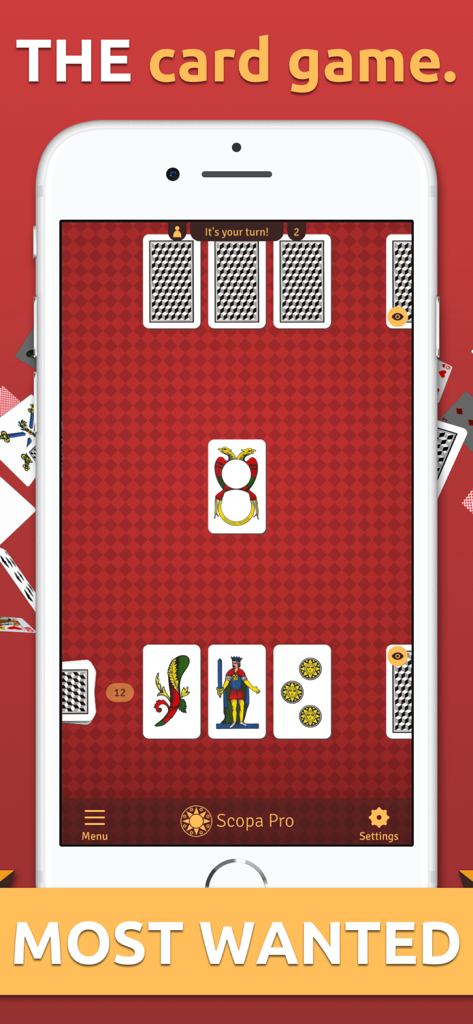 Scopa Pro - THE card game - Pantalla de juego de Scopa Pro mostrando cartas italianas tradicionales en una mesa digital roja