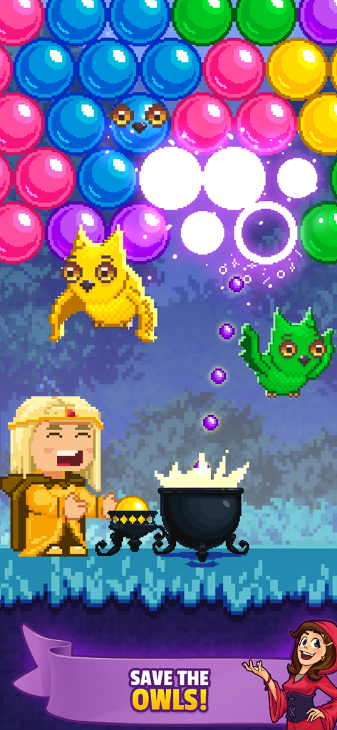 Witch Game - Bubble Pop Origin - Escena de pixel art de Witch Game Bubble Pop Origin donde un personaje de bruja rescata búhos de burbujas.