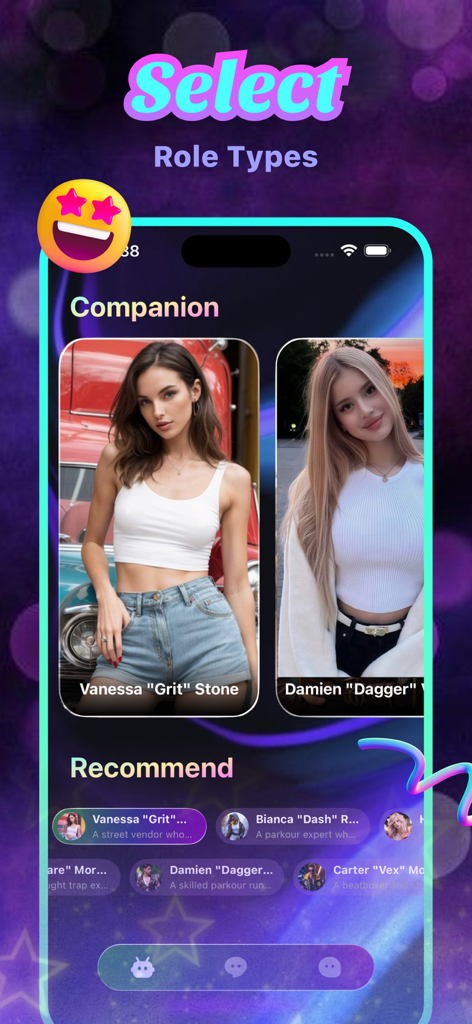 Goop - Connect & Explore - Interface of Goop app showing AI companion characters with urban streetwear styles