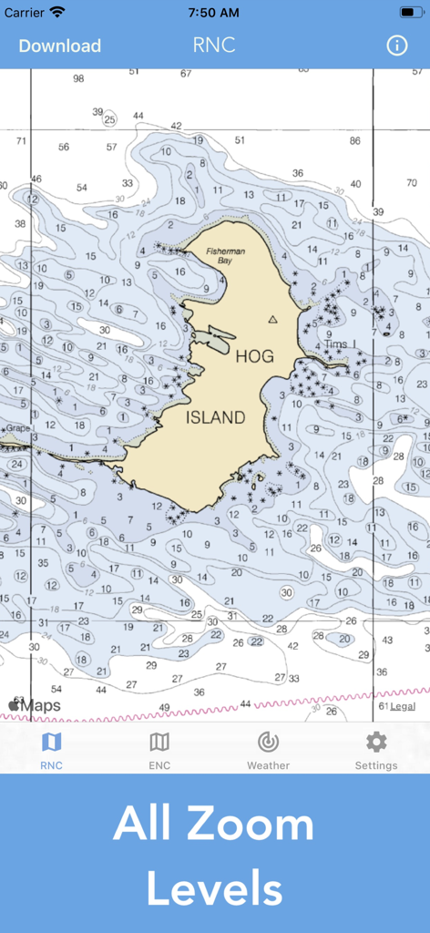 Interfaz de carta náutica que muestra una Carta de Navegación Ráster de Hog Island con marcas de profundidad.